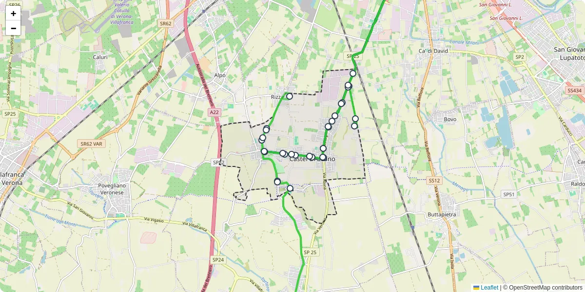 Mappa dettagliata del trasporto pubblico a Castel d'Azzano con linee autobus, tram e collegamenti