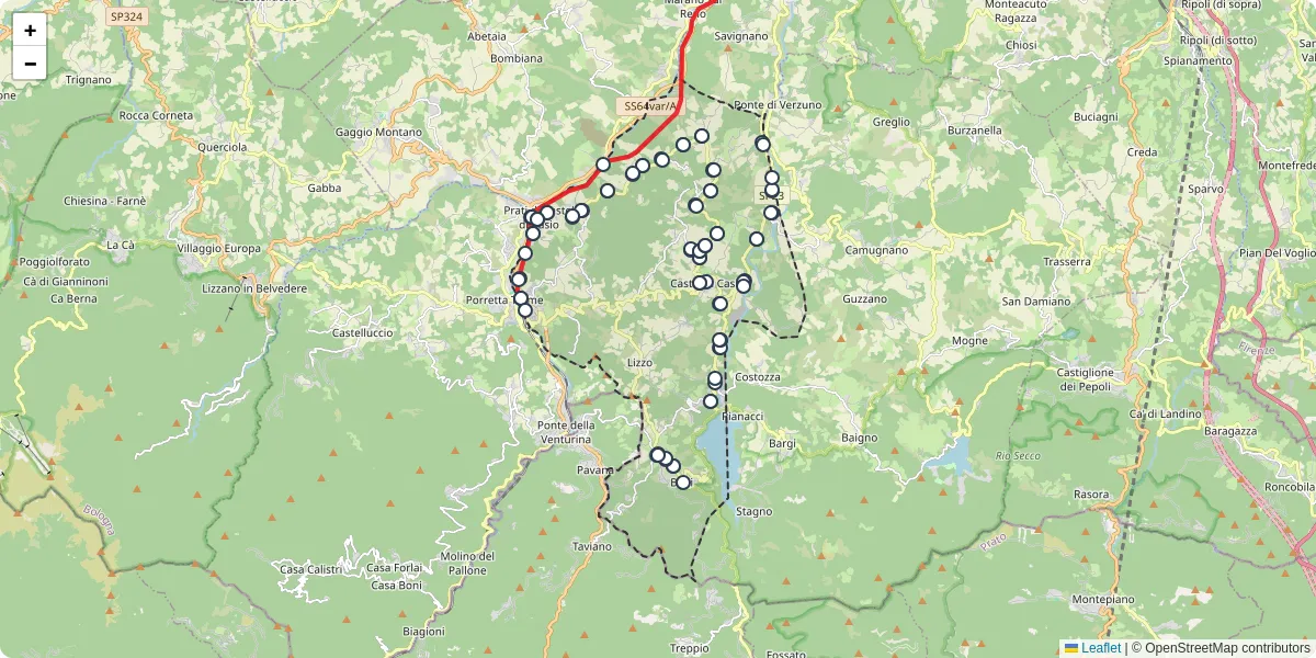 Mappa dettagliata del trasporto pubblico a Castel di Casio con linee autobus, tram e collegamenti