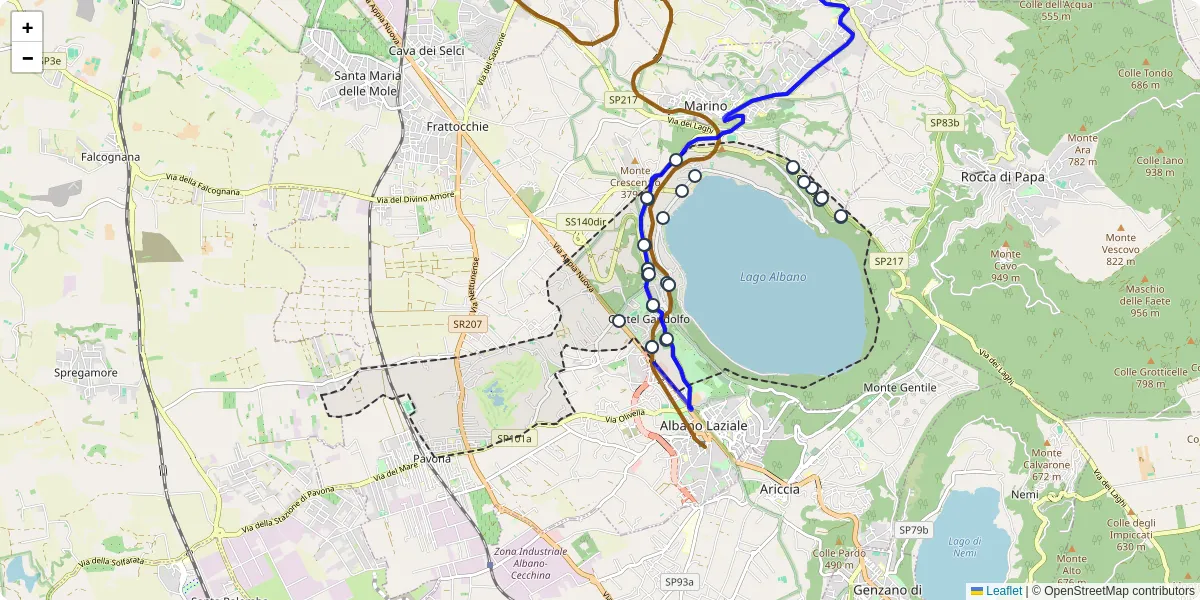 Mappa dettagliata del trasporto pubblico a Castel Gandolfo con linee autobus, tram e collegamenti