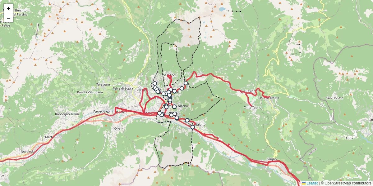 Mappa dettagliata del trasporto pubblico a Castel Ivano con linee autobus, tram e collegamenti