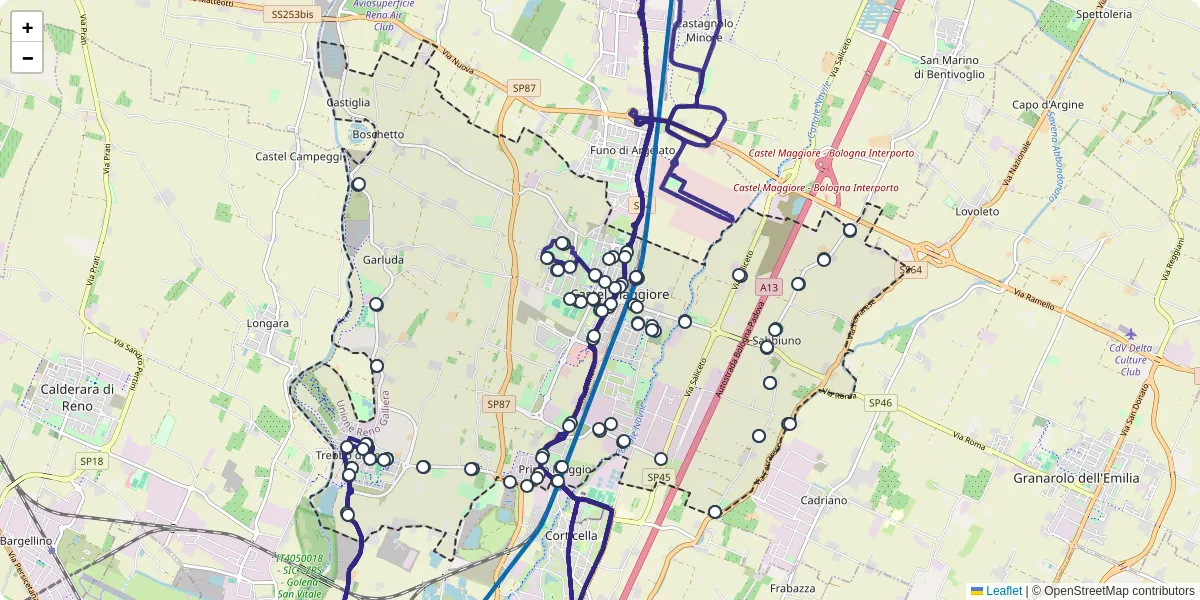 Mappa dettagliata del trasporto pubblico a Castel Maggiore con linee autobus, tram e collegamenti