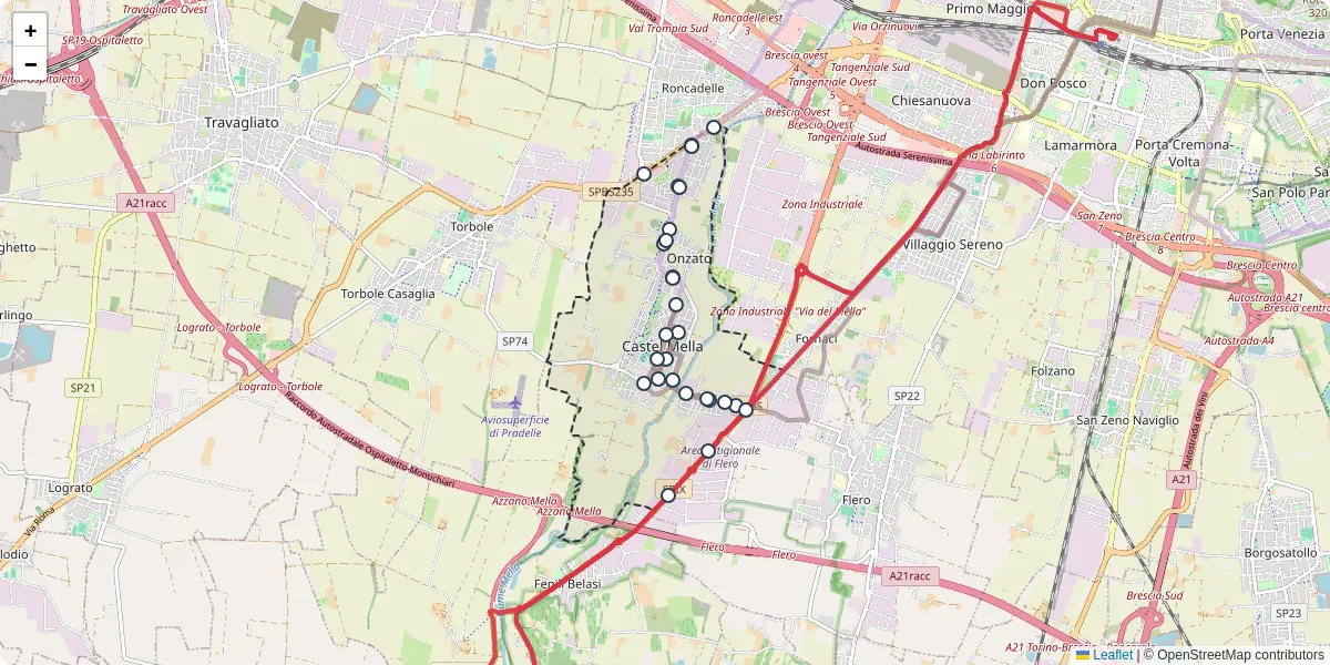 Mappa dettagliata del trasporto pubblico a Castel Mella con linee autobus, tram e collegamenti