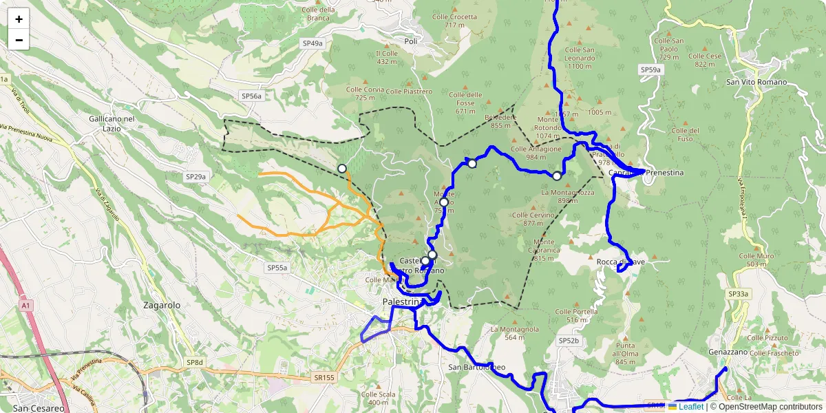 Mappa dettagliata del trasporto pubblico a Castel San Pietro Romano con linee autobus, tram e collegamenti