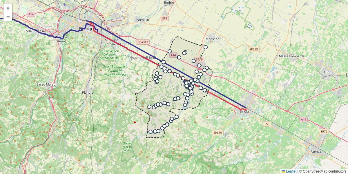 Mappa dettagliata del trasporto pubblico a Castel San Pietro Terme con linee autobus, tram e collegamenti