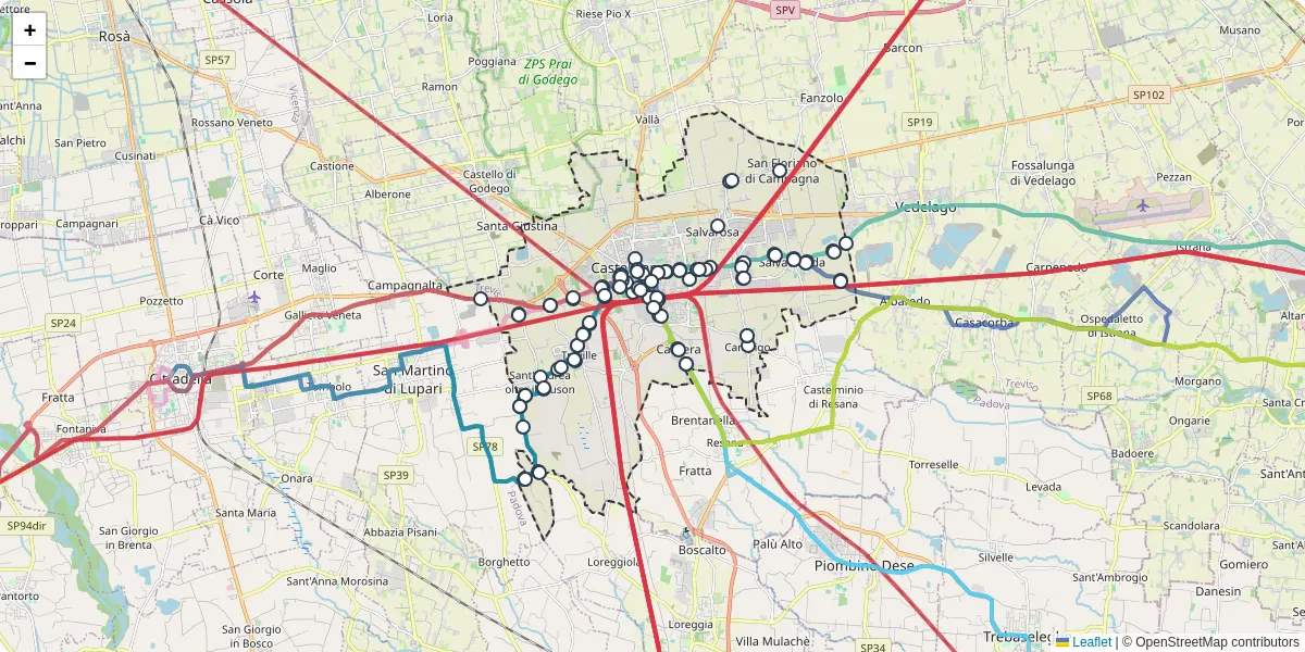Mappa dettagliata del trasporto pubblico a Castelfranco Veneto con linee autobus, tram e collegamenti