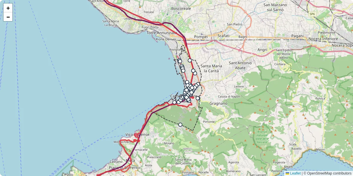 Mappa dettagliata del trasporto pubblico a Castellammare di Stabia con linee autobus, tram e collegamenti