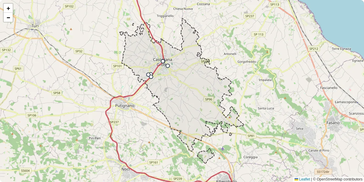 Mappa dettagliata del trasporto pubblico a Castellana Grotte con linee autobus, tram e collegamenti