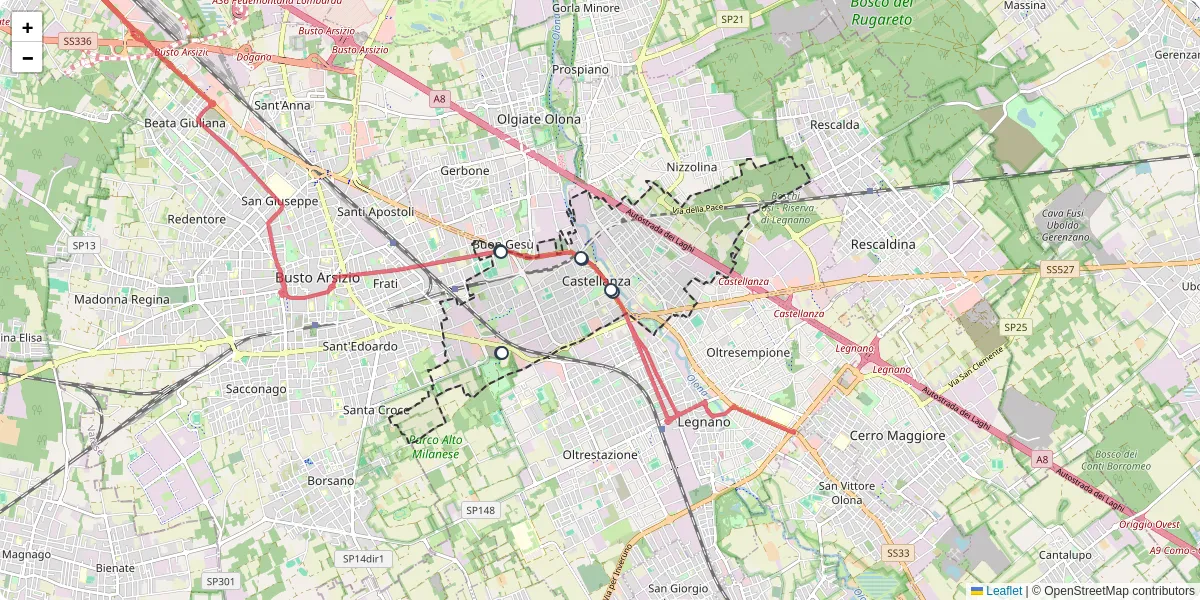 Mappa dettagliata del trasporto pubblico a Castellanza con linee autobus, tram e collegamenti