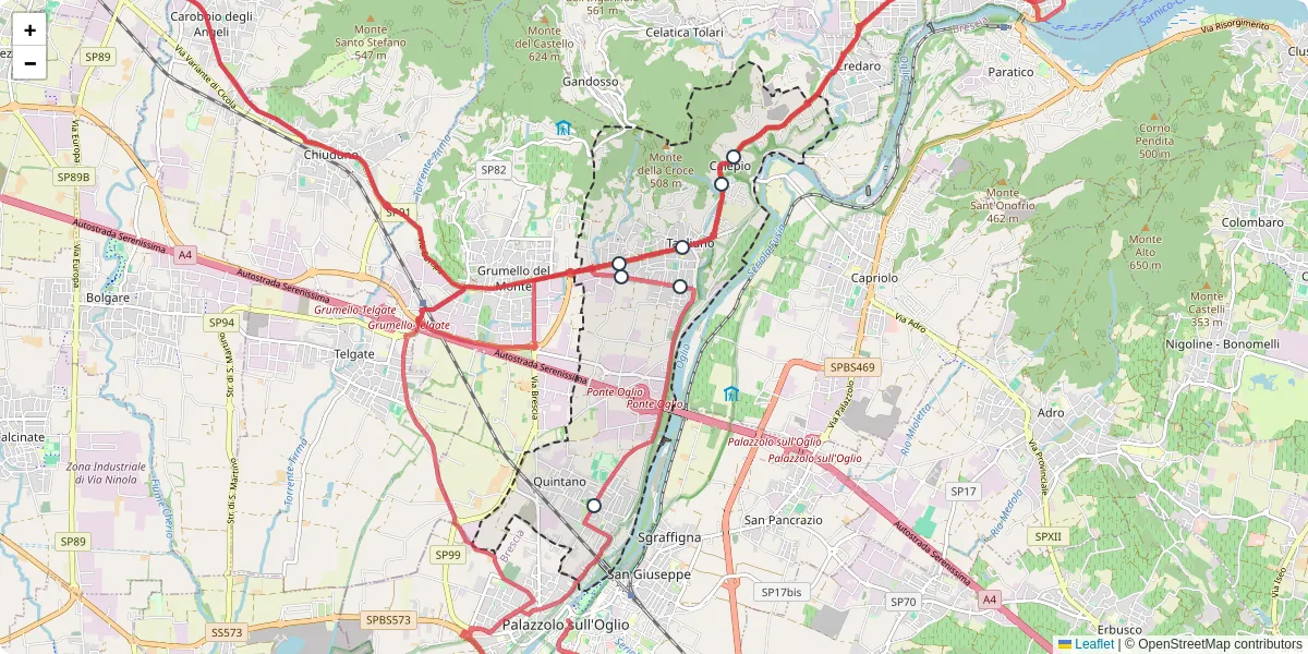 Mappa dettagliata del trasporto pubblico a Castelli Calepio con linee autobus, tram e collegamenti