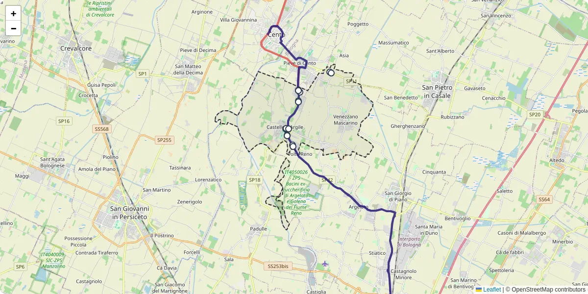 Mappa dettagliata del trasporto pubblico a Castello d'Argile con linee autobus, tram e collegamenti