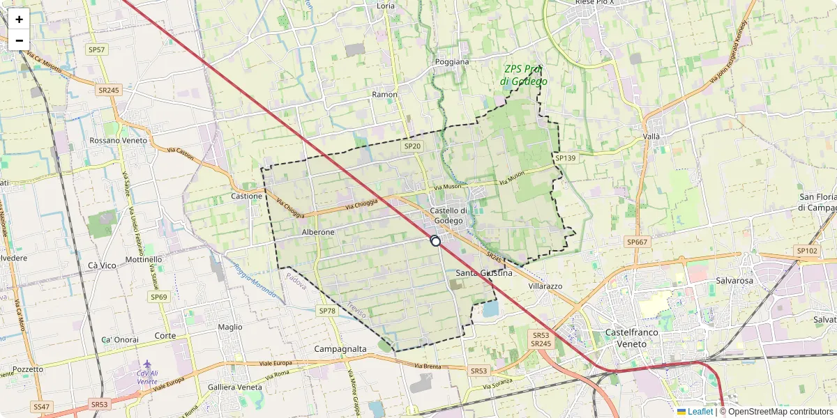 Mappa dettagliata del trasporto pubblico a Castello di Godego con linee autobus, tram e collegamenti