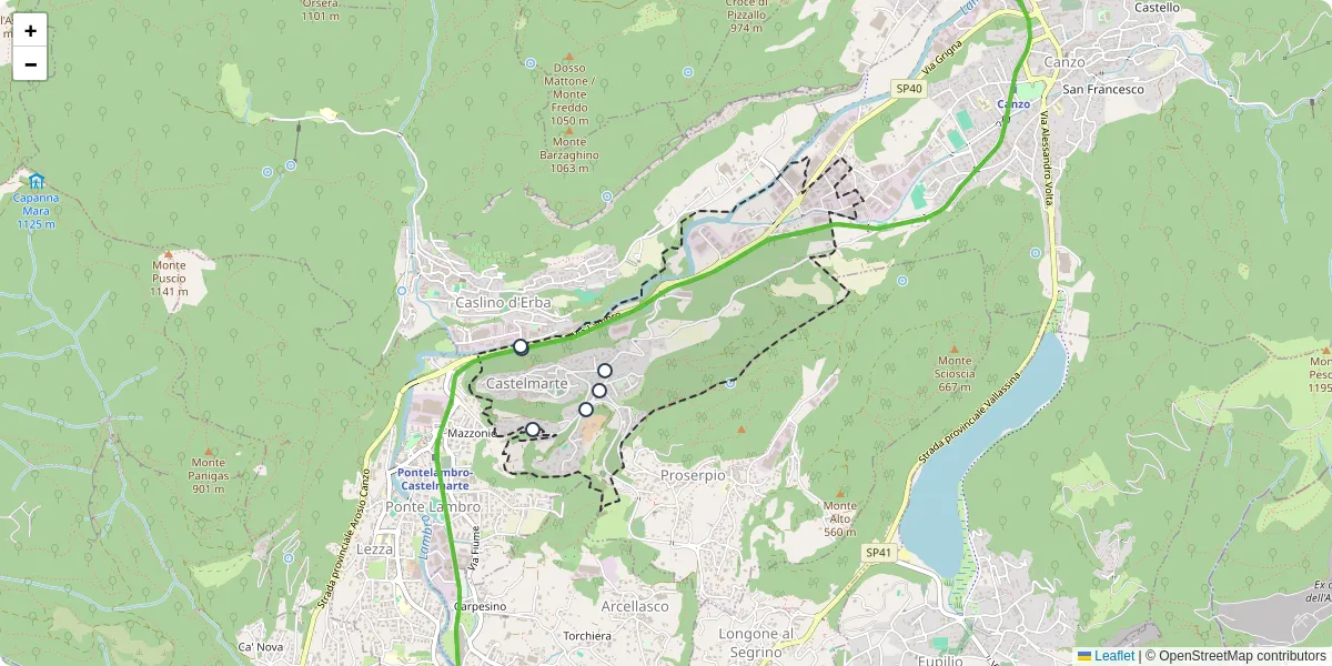Mappa dettagliata del trasporto pubblico a Castelmarte con linee autobus, tram e collegamenti