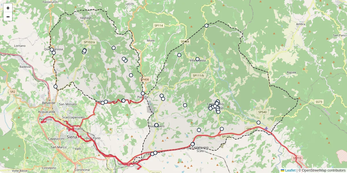 Mappa dettagliata del trasporto pubblico a Castelnuovo Berardenga con linee autobus, tram e collegamenti
