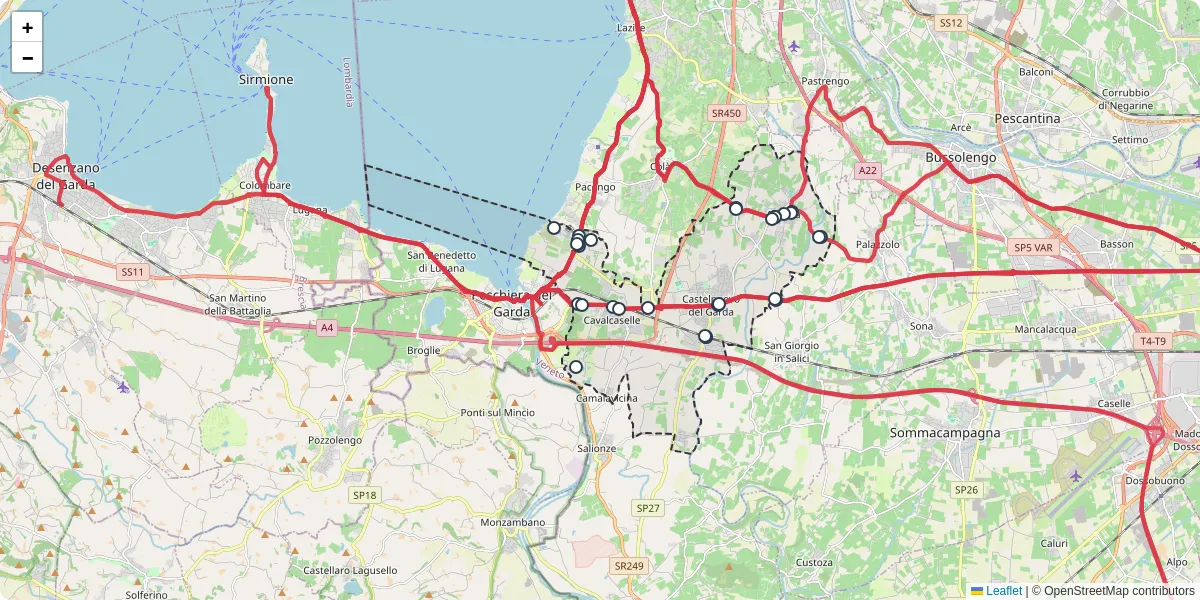 Mappa dettagliata del trasporto pubblico a Castelnuovo del Garda con linee autobus, tram e collegamenti