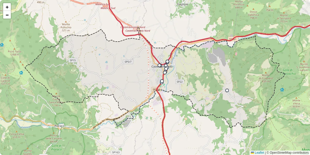 Mappa dettagliata del trasporto pubblico a Castelraimondo con linee autobus, tram e collegamenti