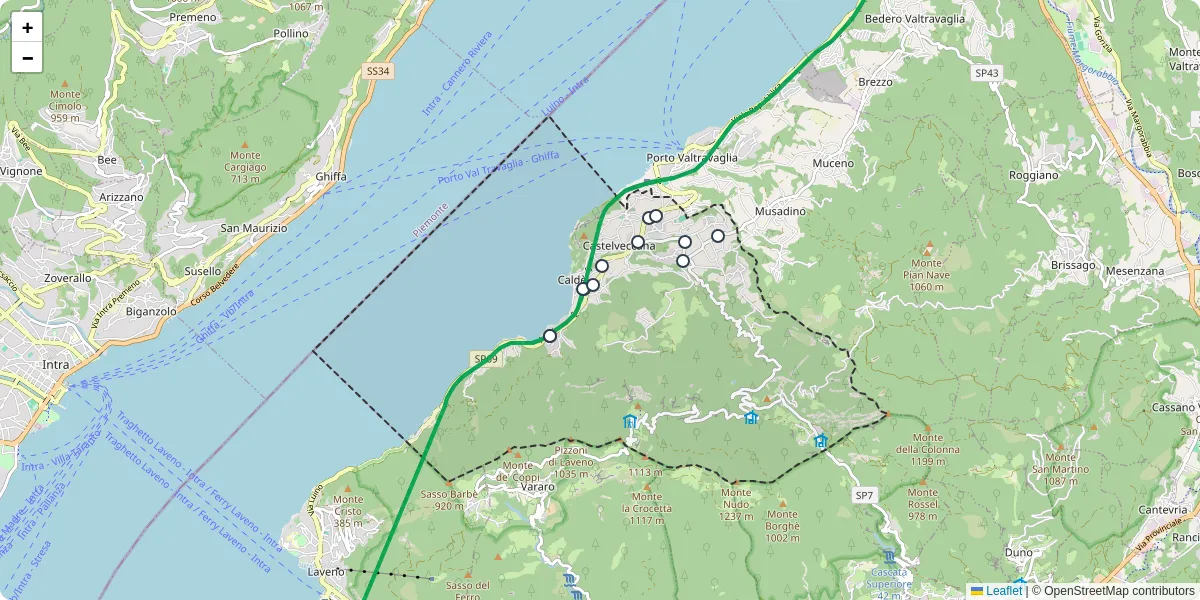 Mappa dettagliata del trasporto pubblico a Castelveccana con linee autobus, tram e collegamenti