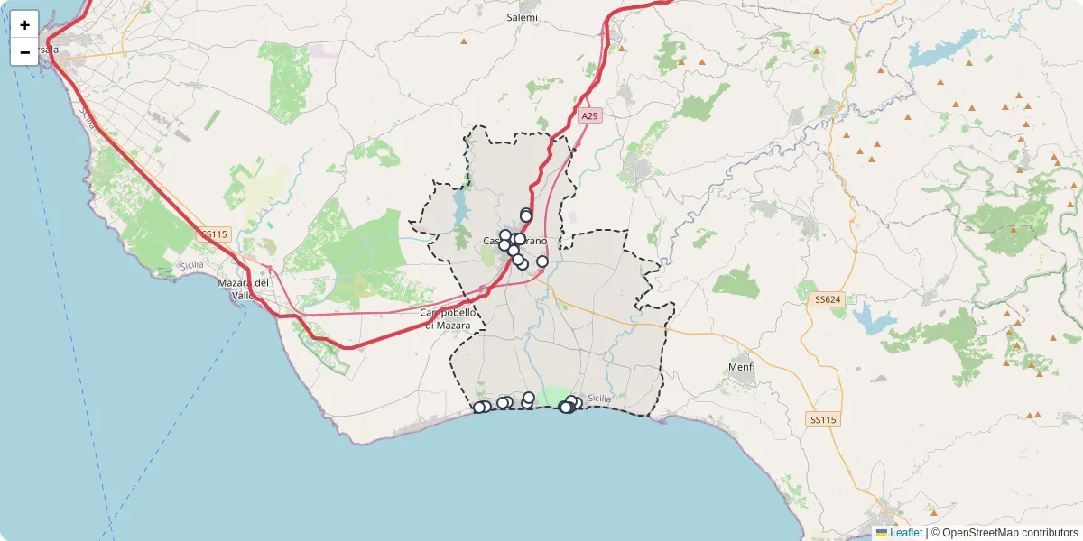 Mappa dettagliata del trasporto pubblico a Castelvetrano con linee autobus, tram e collegamenti