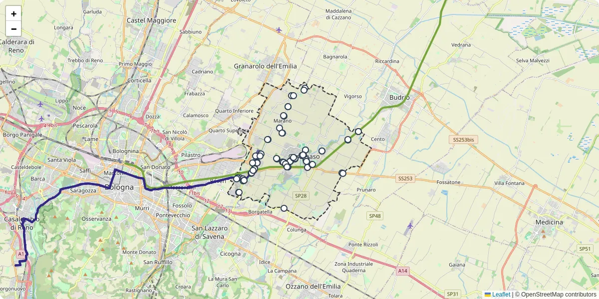 Mappa dettagliata del trasporto pubblico a Castenaso con linee autobus, tram e collegamenti