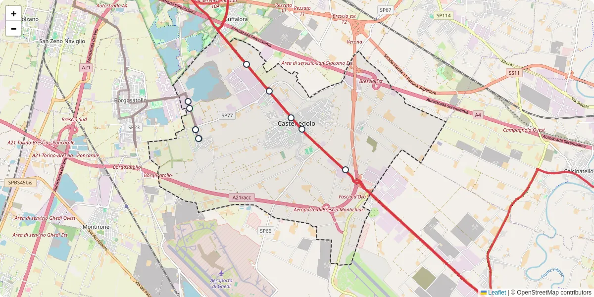 Mappa dettagliata del trasporto pubblico a Castenedolo con linee autobus, tram e collegamenti
