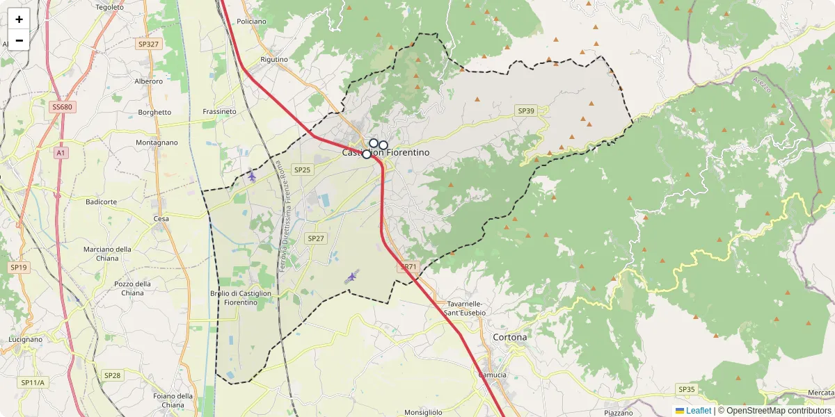 Mappa dettagliata del trasporto pubblico a Castiglion Fiorentino con linee autobus, tram e collegamenti