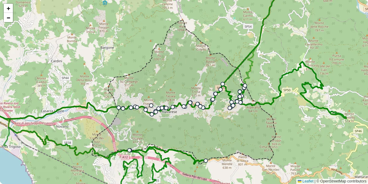 Mappa dettagliata del trasporto pubblico a Castiglione Chiavarese con linee autobus, tram e collegamenti