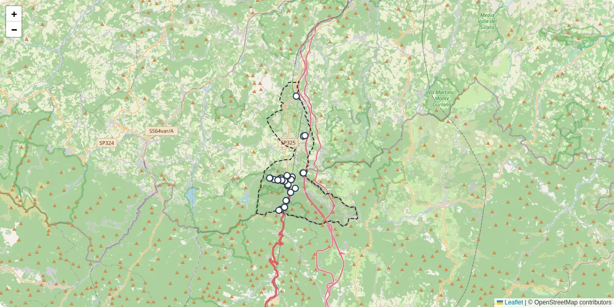 Mappa dettagliata del trasporto pubblico a Castiglione dei Pepoli con linee autobus, tram e collegamenti