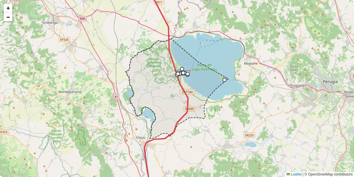 Mappa dettagliata del trasporto pubblico a Castiglione del Lago con linee autobus, tram e collegamenti