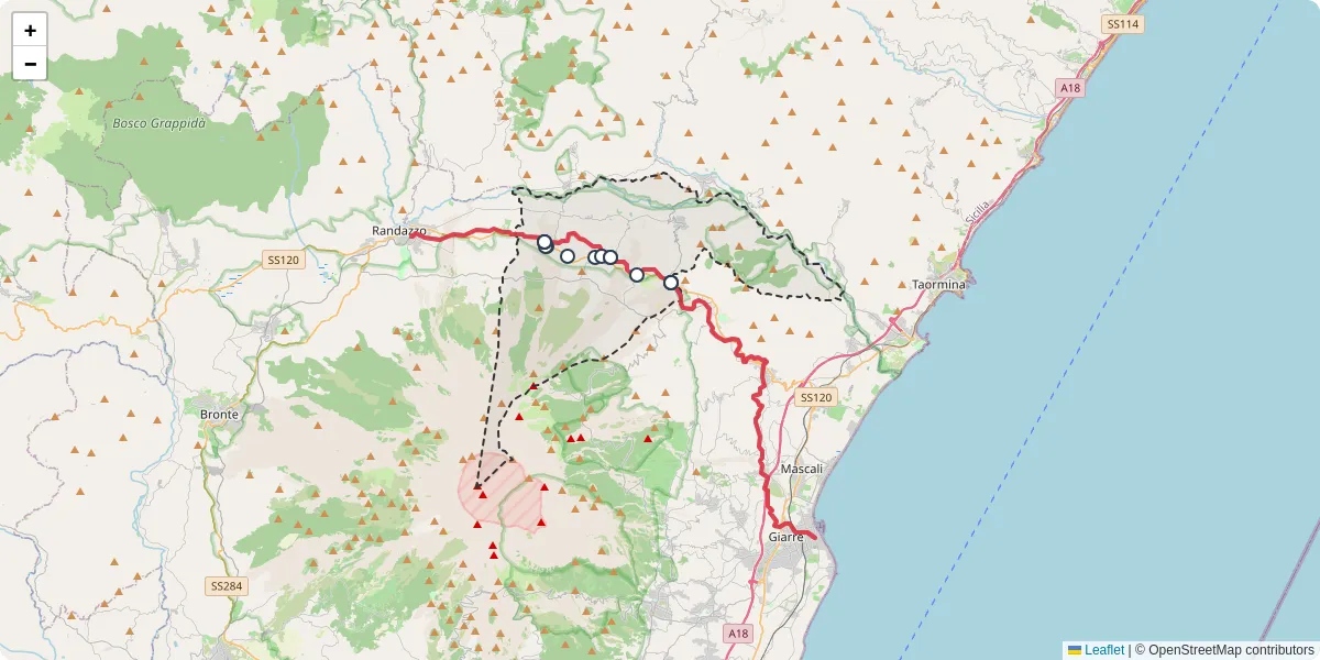 Mappa dettagliata del trasporto pubblico a Castiglione di Sicilia con linee autobus, tram e collegamenti