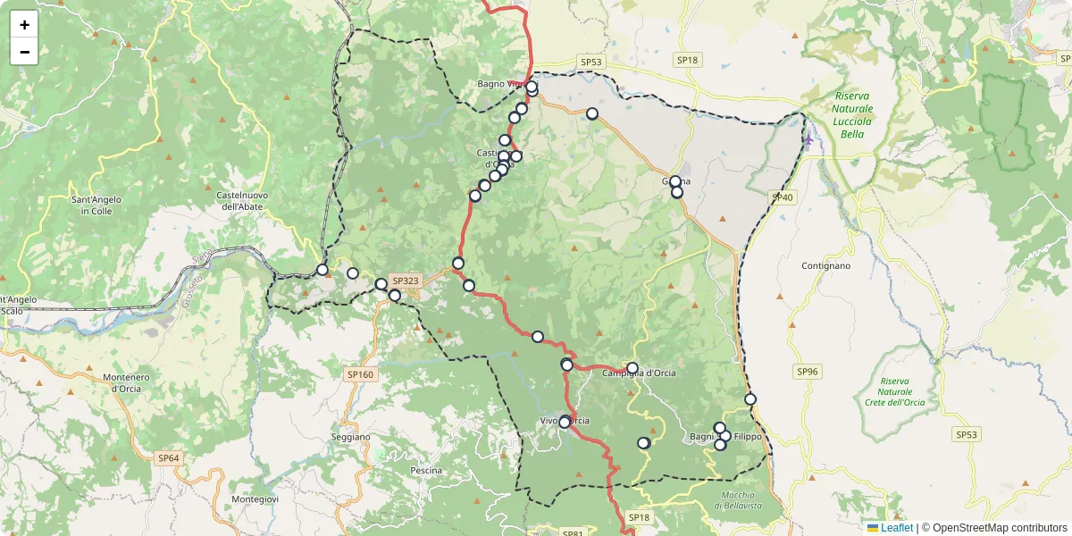 Mappa dettagliata del trasporto pubblico a Castiglione d'Orcia con linee autobus, tram e collegamenti