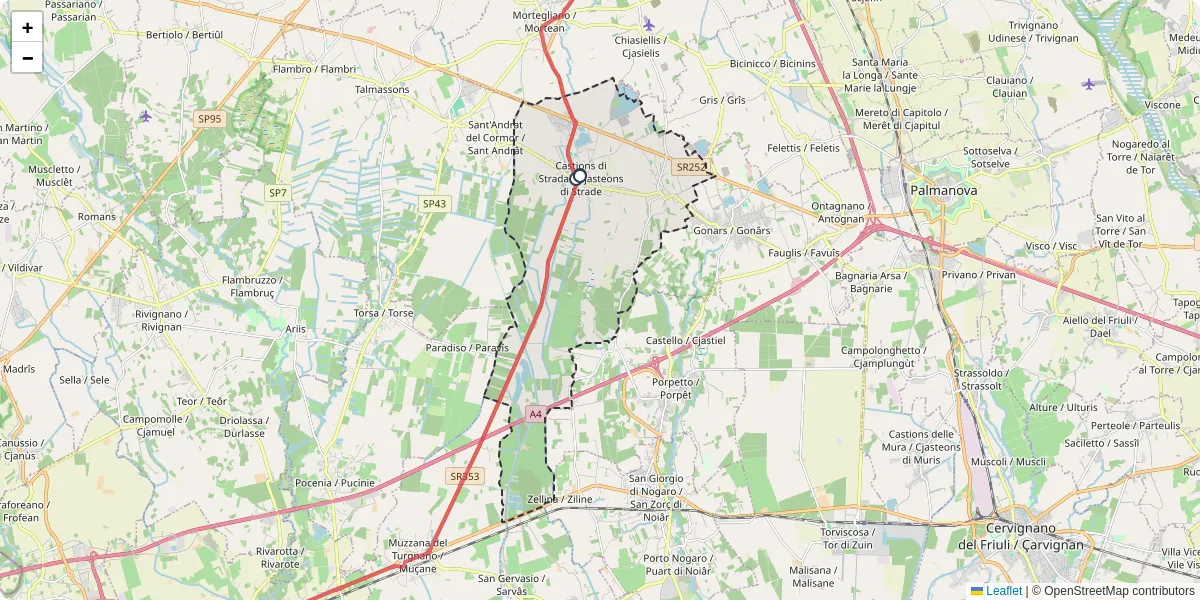 Mappa dettagliata del trasporto pubblico a Castions di Strada / Cjasteons di Strade con linee autobus, tram e collegamenti