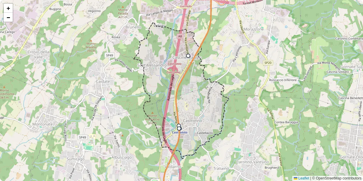 Mappa dettagliata del trasporto pubblico a Castronno con linee autobus, tram e collegamenti