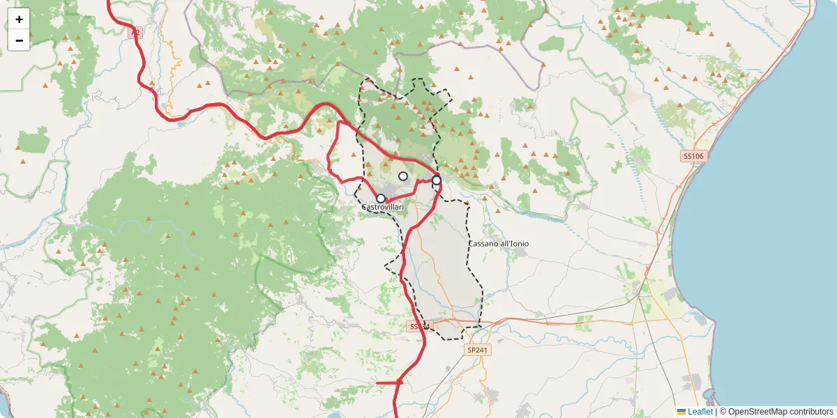 Mappa dettagliata del trasporto pubblico a Castrovillari con linee autobus, tram e collegamenti
