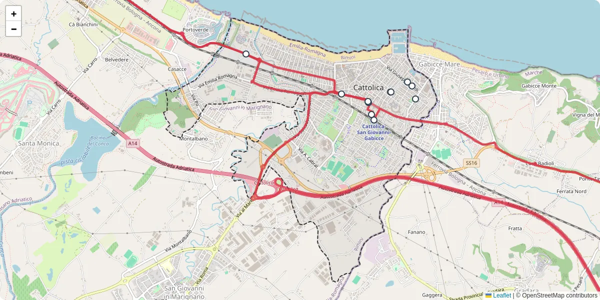Mappa dettagliata del trasporto pubblico a Cattolica con linee autobus, tram e collegamenti