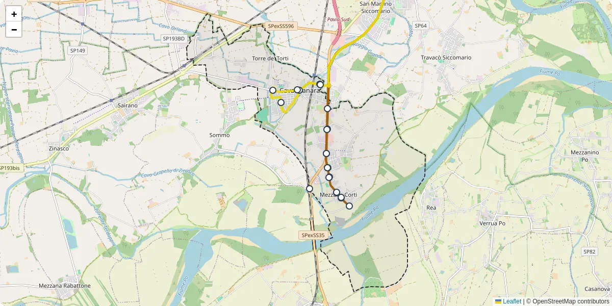 Mappa dettagliata del trasporto pubblico a Cava Manara con linee autobus, tram e collegamenti