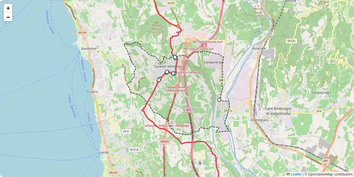 Mappa dettagliata del trasporto pubblico a Cavaion Veronese con linee autobus, tram e collegamenti