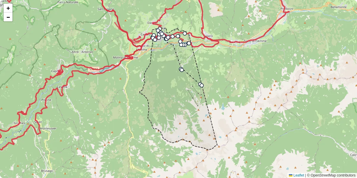 Mappa dettagliata del trasporto pubblico a Cavalese con linee autobus, tram e collegamenti