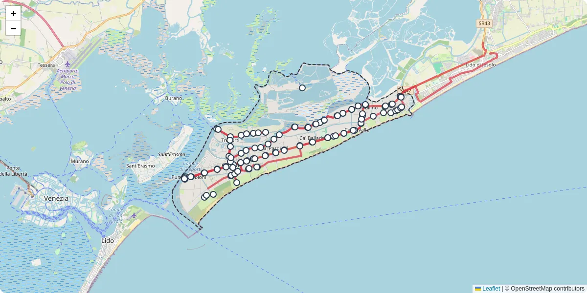 Mappa dettagliata del trasporto pubblico a Cavallino-Treporti con linee autobus, tram e collegamenti
