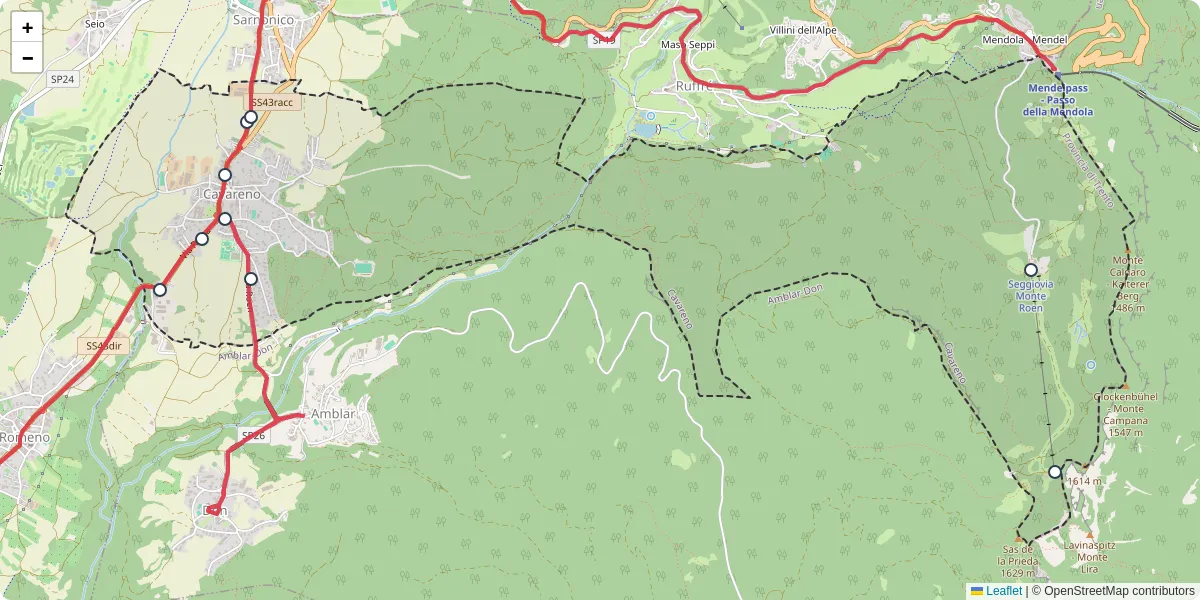 Mappa dettagliata del trasporto pubblico a Cavareno con linee autobus, tram e collegamenti