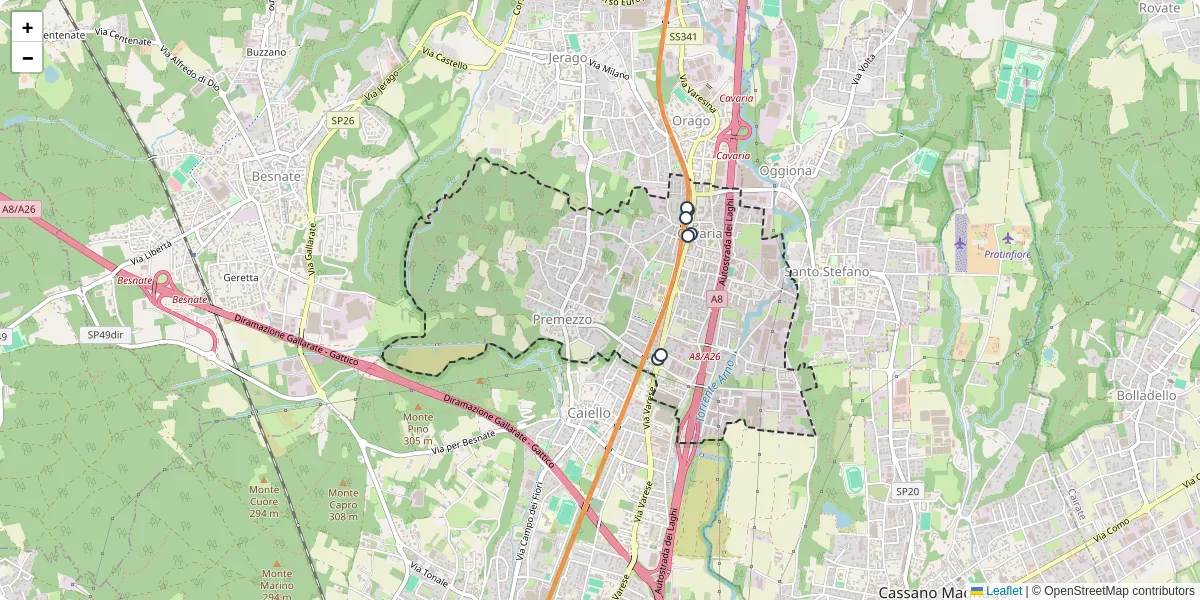Mappa dettagliata del trasporto pubblico a Cavaria con Premezzo con linee autobus, tram e collegamenti