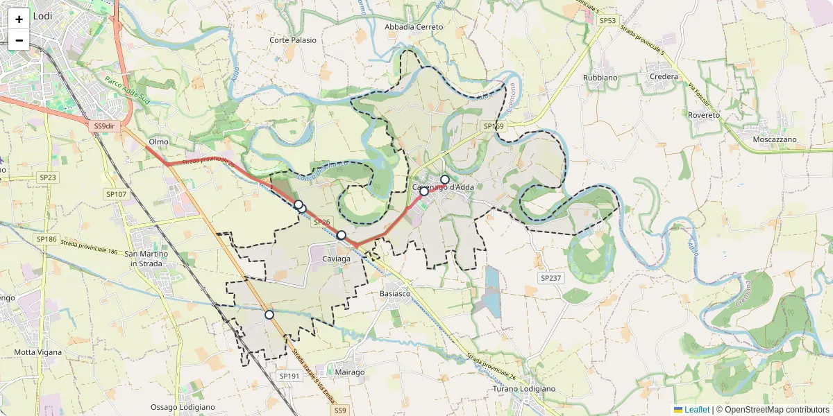 Mappa dettagliata del trasporto pubblico a Cavenago d'Adda con linee autobus, tram e collegamenti