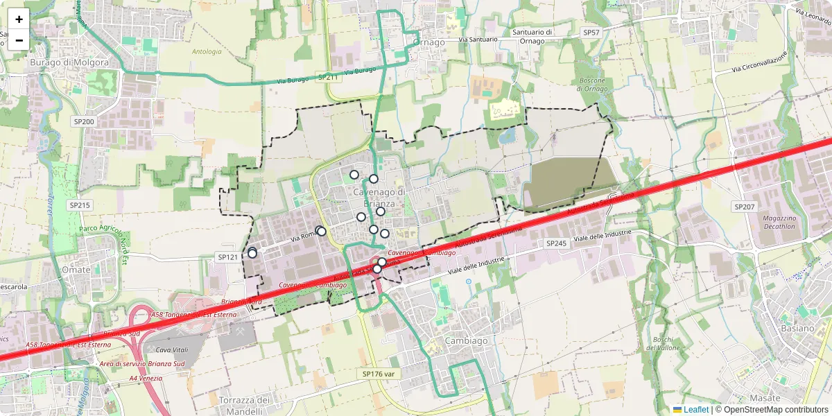 Mappa dettagliata del trasporto pubblico a Cavenago di Brianza con linee autobus, tram e collegamenti