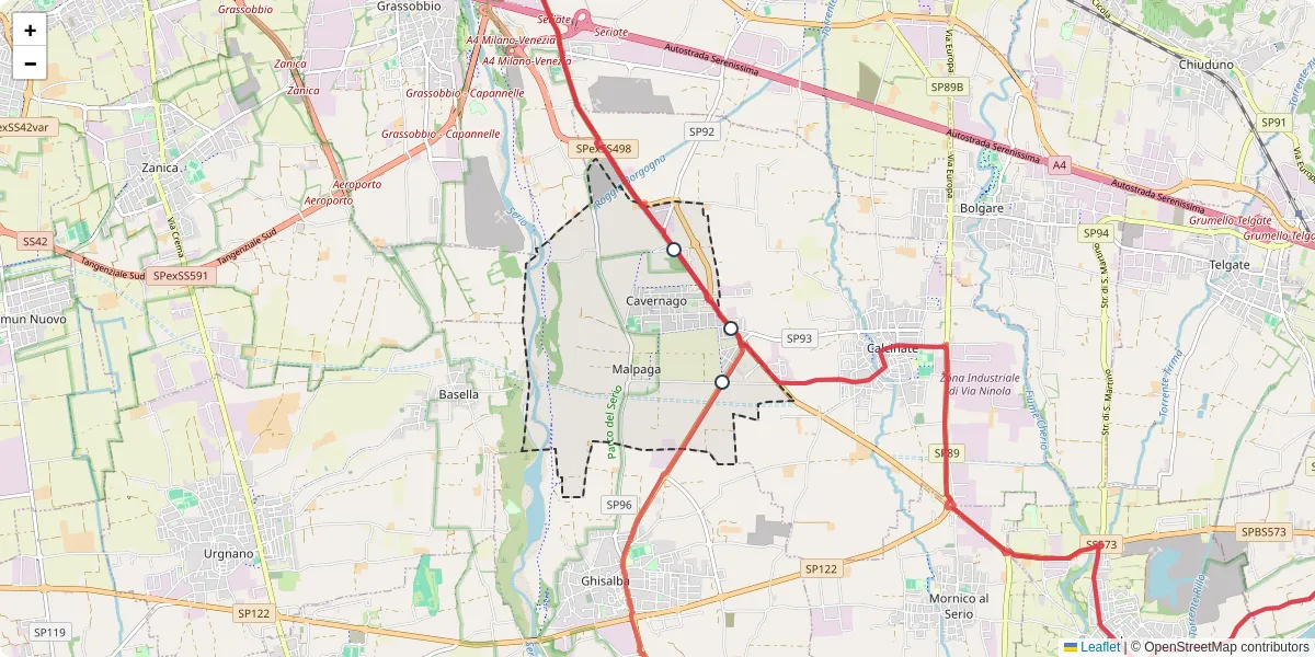 Mappa dettagliata del trasporto pubblico a Cavernago con linee autobus, tram e collegamenti