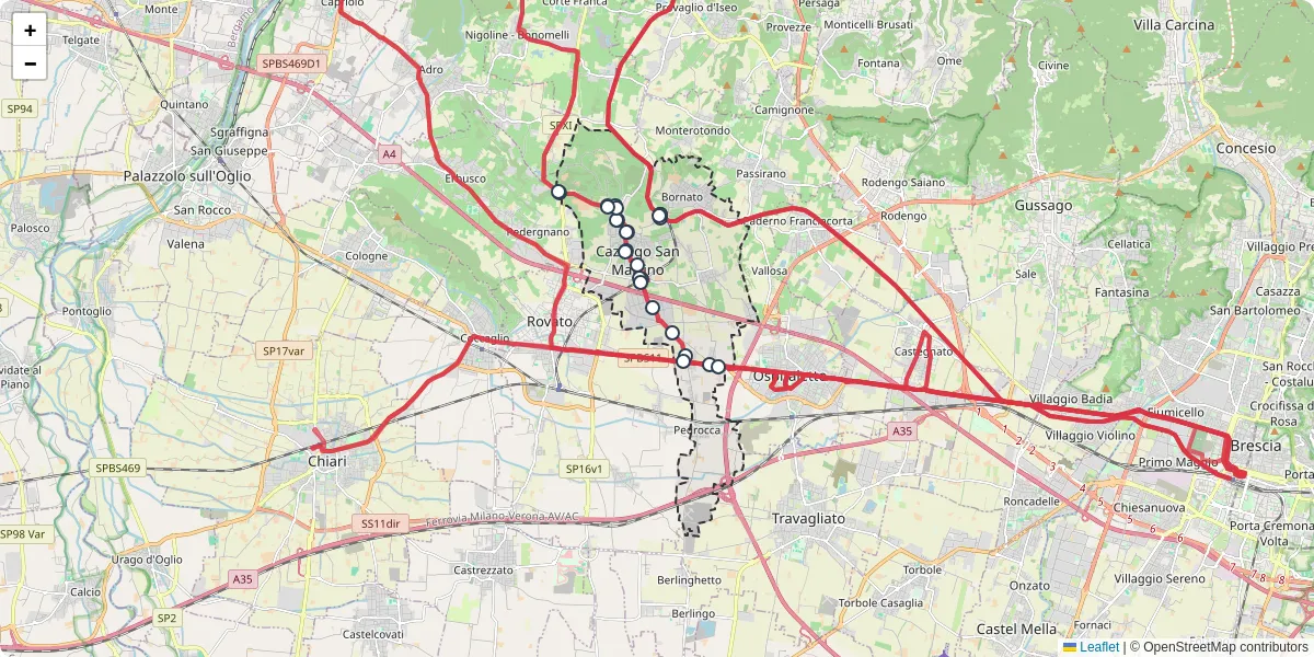 Mappa dettagliata del trasporto pubblico a Cazzago San Martino con linee autobus, tram e collegamenti
