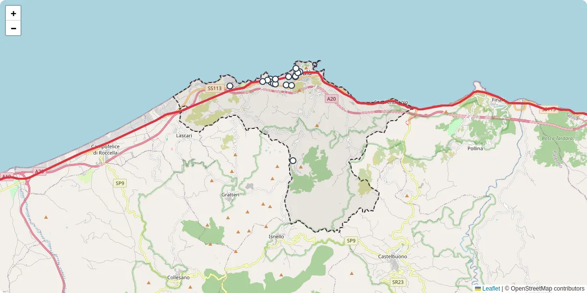 Mappa dettagliata del trasporto pubblico a Cefalù con linee autobus, tram e collegamenti