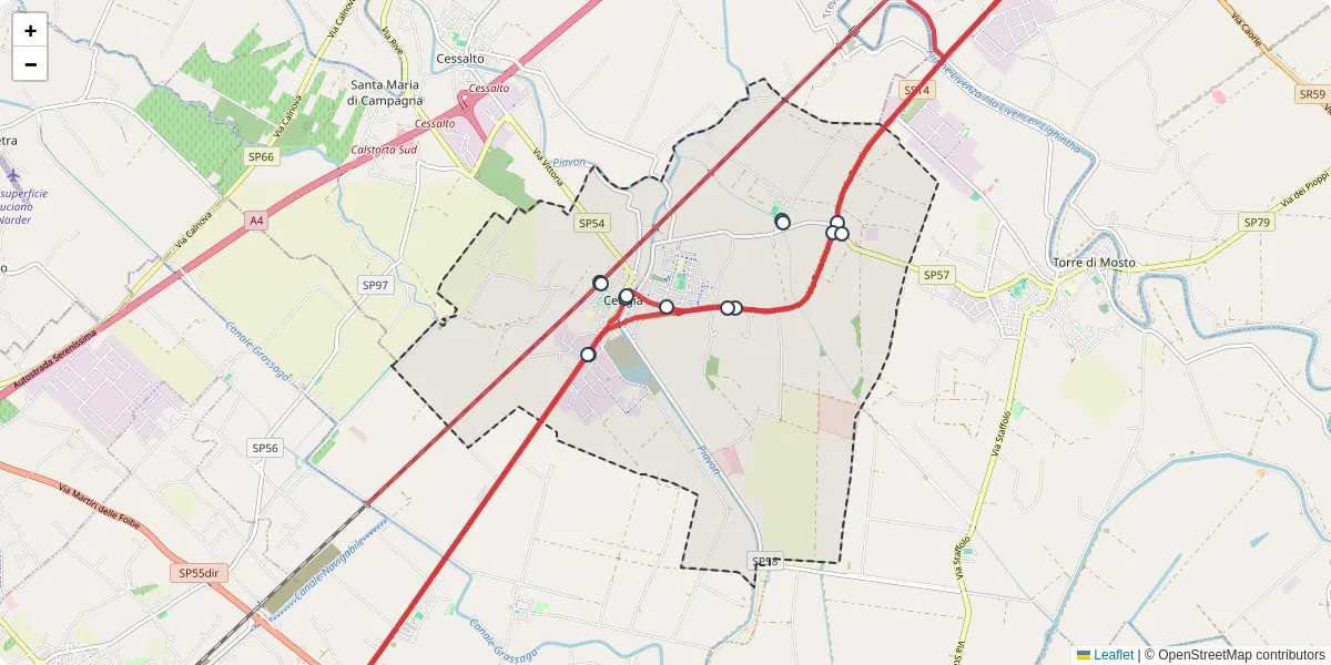 Mappa dettagliata del trasporto pubblico a Ceggia con linee autobus, tram e collegamenti