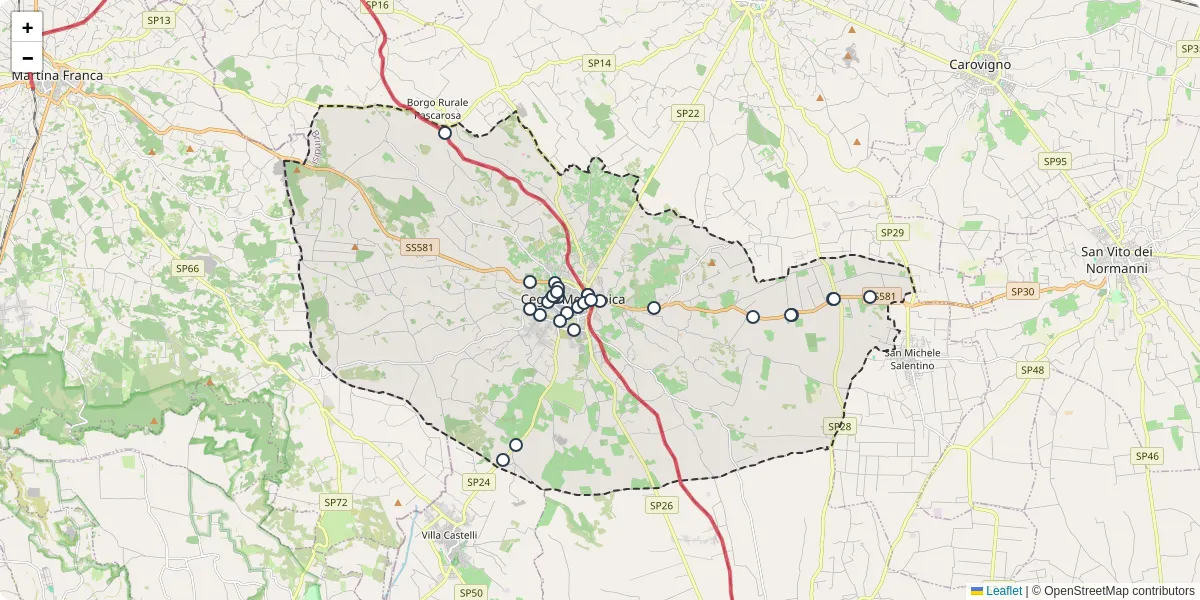 Mappa dettagliata del trasporto pubblico a Ceglie Messapica con linee autobus, tram e collegamenti