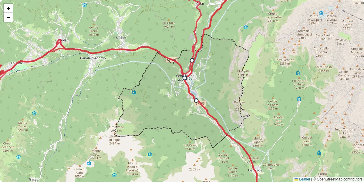 Mappa dettagliata del trasporto pubblico a Cencenighe Agordino con linee autobus, tram e collegamenti