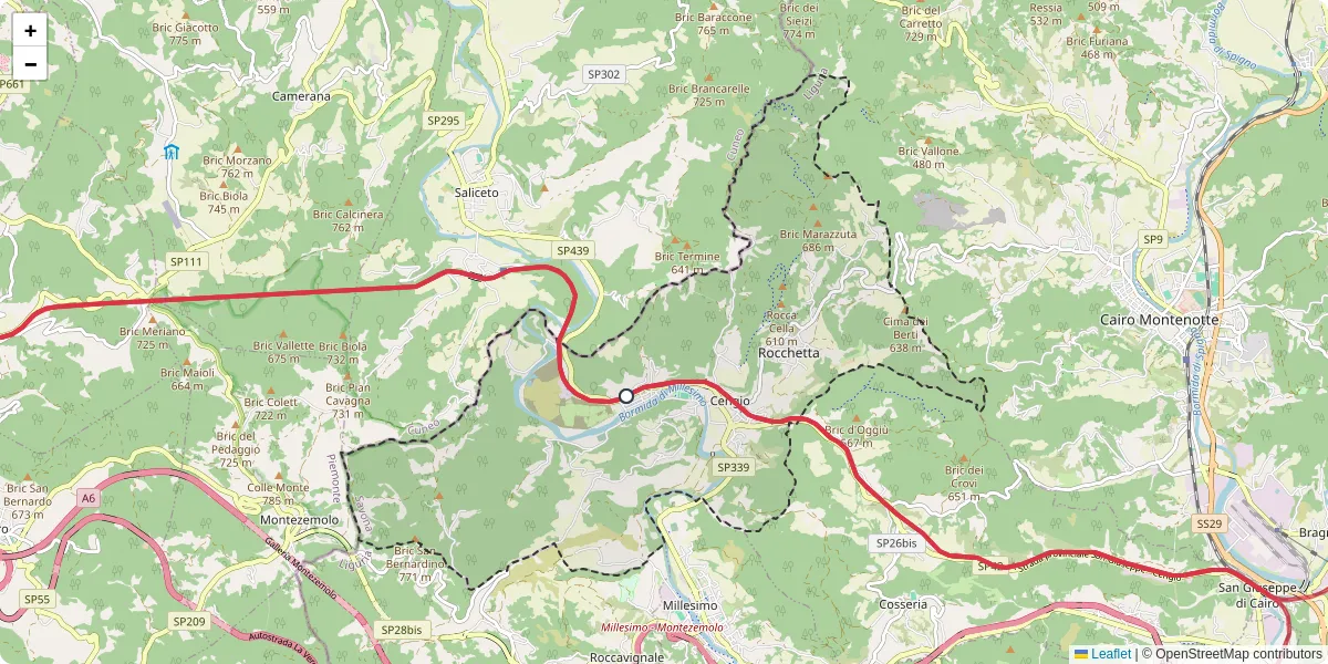 Mappa dettagliata del trasporto pubblico a Cengio con linee autobus, tram e collegamenti