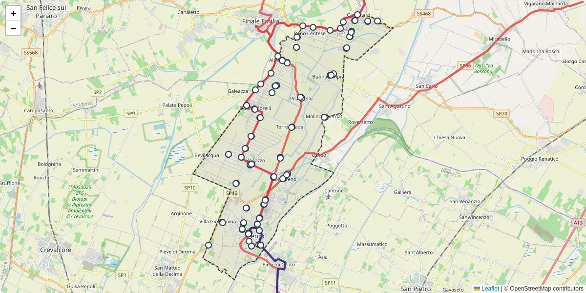 Mappa dettagliata del trasporto pubblico a Cento con linee autobus, tram e collegamenti
