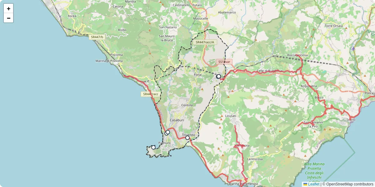 Mappa dettagliata del trasporto pubblico a Centola con linee autobus, tram e collegamenti